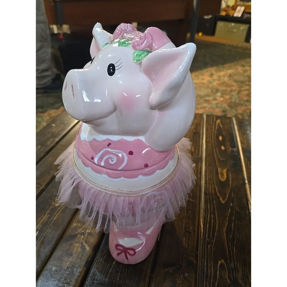 Vintage Ballerina Dancing Pink Pig‎ with Tutu Ceramic Cookie Jar  11 